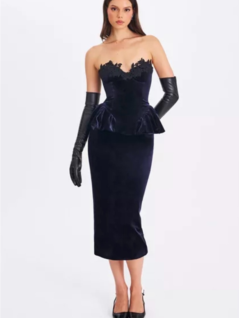 Strapless Navy Velvet Peplum Midi Dress